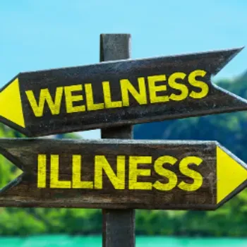 Two arrows pointing in opposite directions. one says 'wellness' the other 'illness'