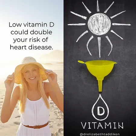 woman at beach with quote "low vitamin d could double your risk of heart disease'