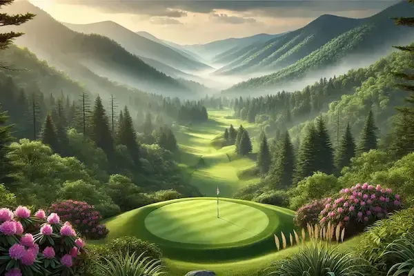 Hyperrealistic mountain golf course scene with a perfectly manicured green and flagstick in the foreground, surrounded by vibrant flowering bushes and lush landscaping. Rolling fairways wind through a dense forest of pine trees, leading into a majestic valley framed by misty blue mountain ridges under a softly lit sky. The landscape blends natural beauty with the elegance of a high-end golf resort, evoking a serene and luxurious outdoor setting.