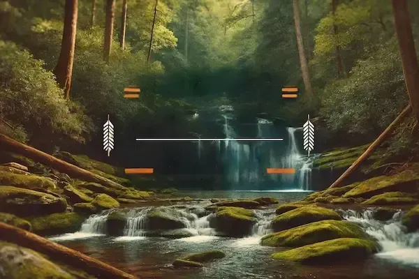 Hyperrealistic forest waterfall scene with moss-covered rocks in the foreground and tall trees framing a cascading stream, viewed through a stylized digital camera viewfinder overlay featuring orange lines and white feather-shaped icons. Soft, golden light filters through the dense greenery, enhancing the tranquil and immersive atmosphere of the natural landscape.