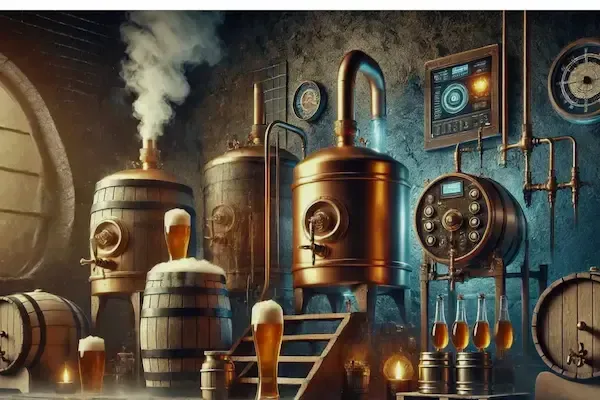 Hyperrealistic craft brewery interior with a steampunk aesthetic, featuring polished copper and wooden brewing tanks, steam rising from active fermentation vats, and pressure gauges mounted on dark stone walls. Glasses and mugs of freshly poured beer with frothy heads sit on barrels and tables, surrounded by pipes, valves, and brewing instruments. Warm, moody lighting highlights the metallic surfaces, creating a cozy, industrial atmosphere.