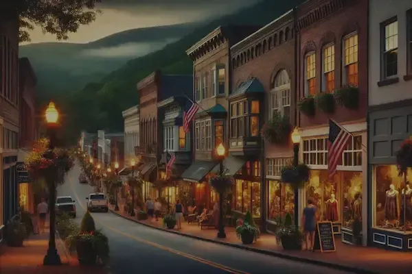 Hyperrealistic evening street scene of a charming small-town main street nestled at the base of misty, forested mountains. Warm, glowing lamplight and shop windows illuminate brick storefronts adorned with American flags and hanging flower baskets. Pedestrians browse boutiques and cafes along the sidewalk, while parked cars line the narrow, curving road. The backdrop features rolling hills fading into dusk under a soft, overcast sky, enhancing the nostalgic, cozy atmosphere.