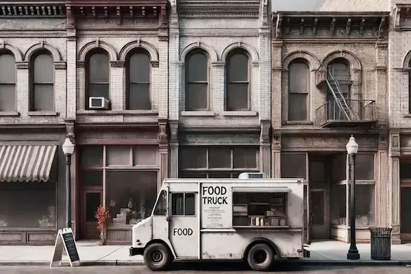 Hyperrealistic urban street scene featuring a vintage white food truck parked in front of a row of old brick buildings with arched windows and classic architectural details. The food truck has a serving window open and minimal signage reading “FOOD TRUCK.” The muted color palette gives the scene a nostalgic, slightly desaturated tone. Nearby, a chalkboard menu sign and a potted plant add subtle detail, while empty sidewalks and closed storefronts contribute to a calm, early-morning city atmosphere.
