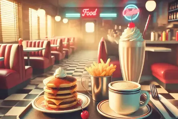 Hyperrealistic vintage diner breakfast scene with a stack of syrup-drenched pancakes topped with whipped cream and a cherry, a tin cup of French fries, a steaming ceramic coffee cup, and a tall vanilla milkshake crowned with whipped cream and a cherry. The retro interior features red leather booths, black-and-white checkered floor, and neon “Food” and “Diner” signs glowing in the background, all bathed in warm morning sunlight streaming through window blinds.