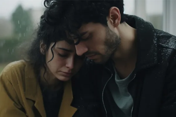 A sad couple separating, capturing the emotional distress and conflict leading to a breakup.