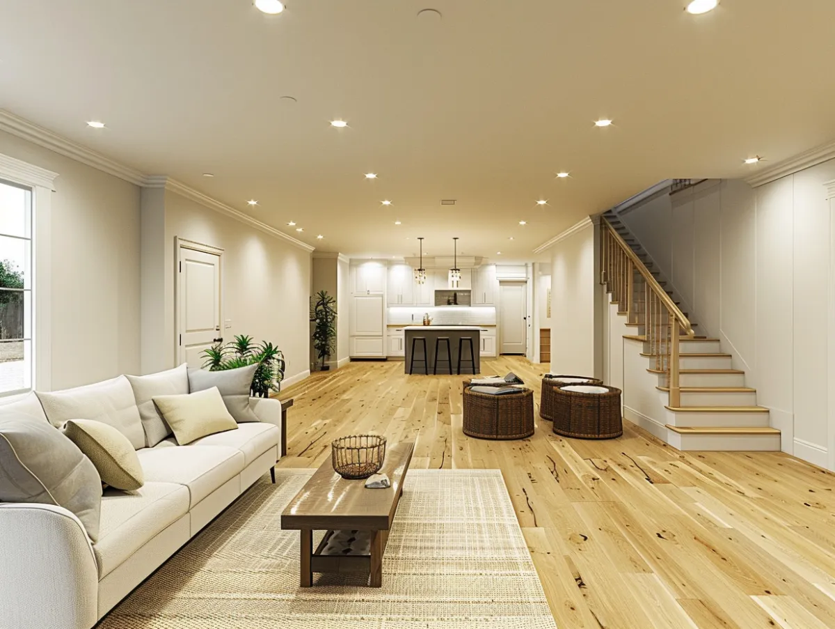 Finished custom home interior near Badin Lake NC by Badin Lake Builders showcasing staircase renovation, wood floors, and basement remodeling