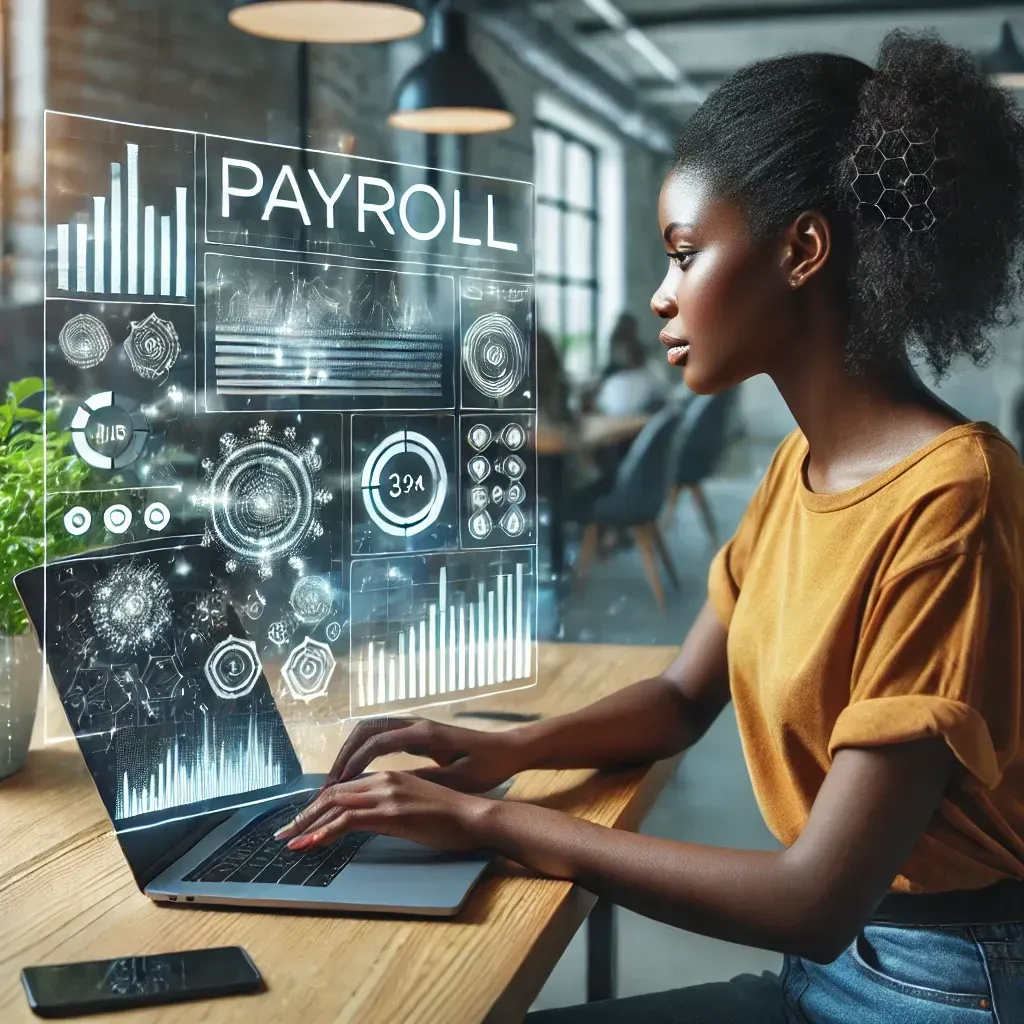 a young Black woman working on a laptop with a digital dashboard displaying the word "PAYROLL."