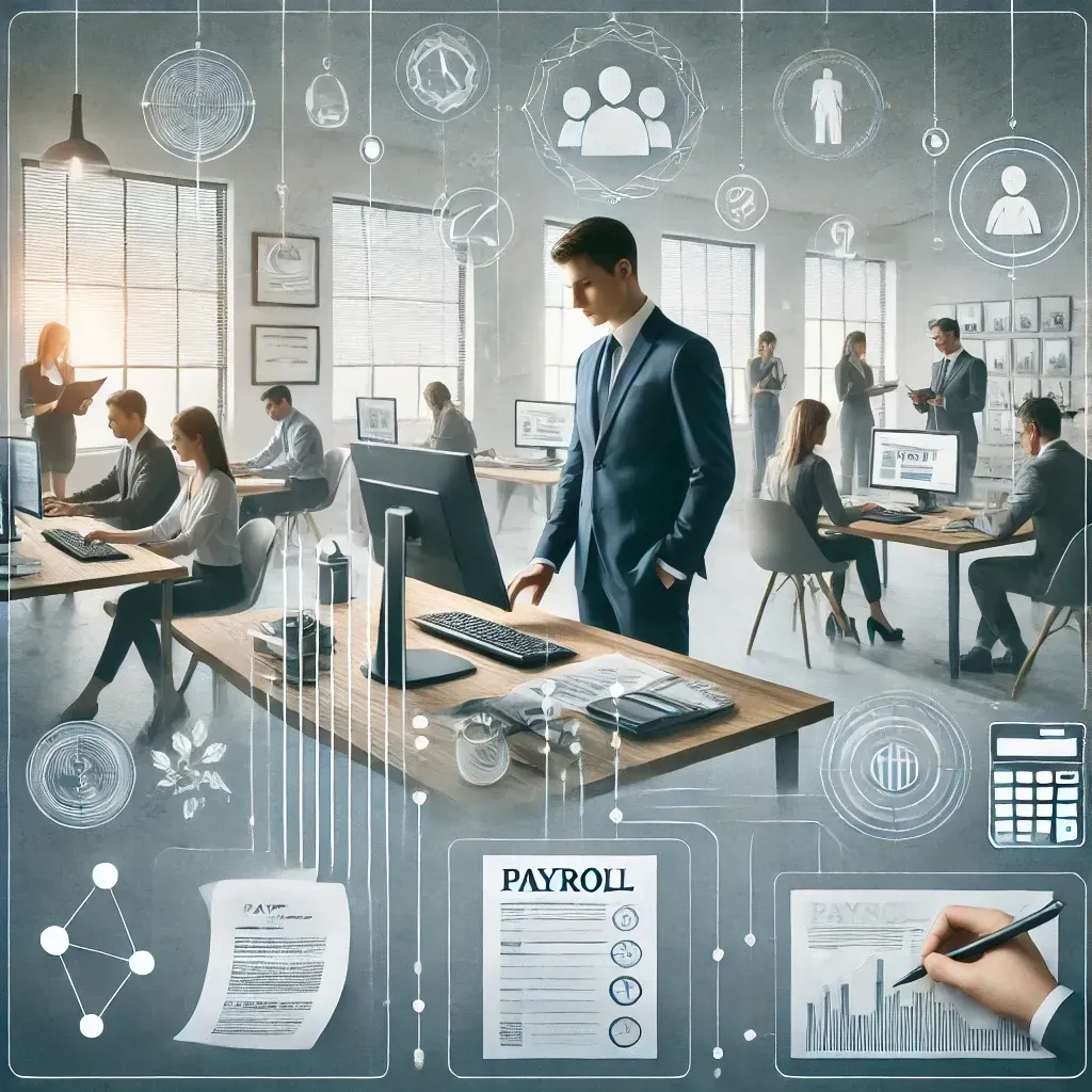 launching a successful career in payroll, featuring a professional office environment with a diverse group of people.