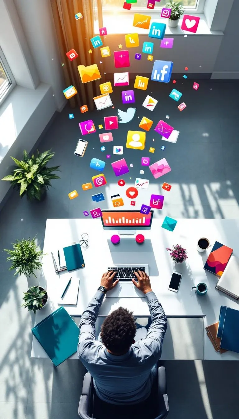 an affiliate marketer sitting at his desk with social media logos circling his head