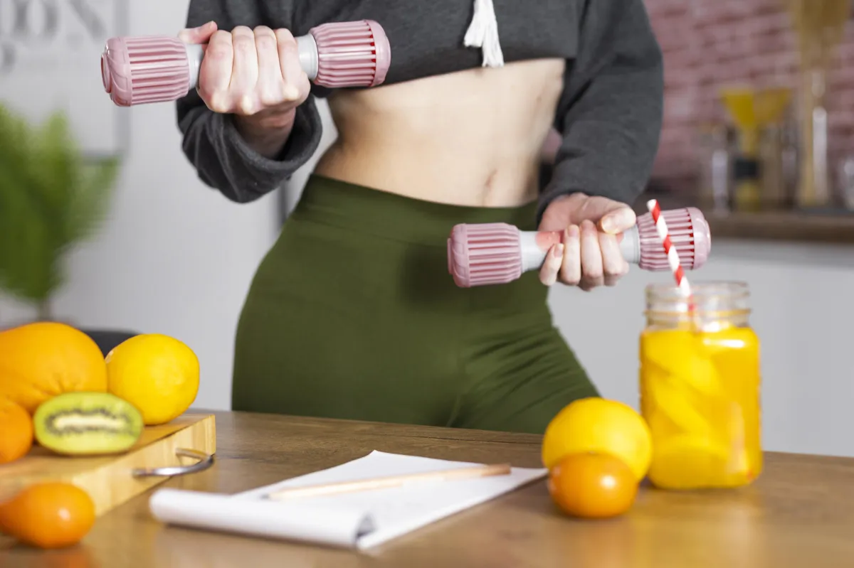 Woman strength training at home with dumbbells, surrounded by clean keto-friendly foods and a workout journal, representing muscle building while in the Hyper-Ketosis state.