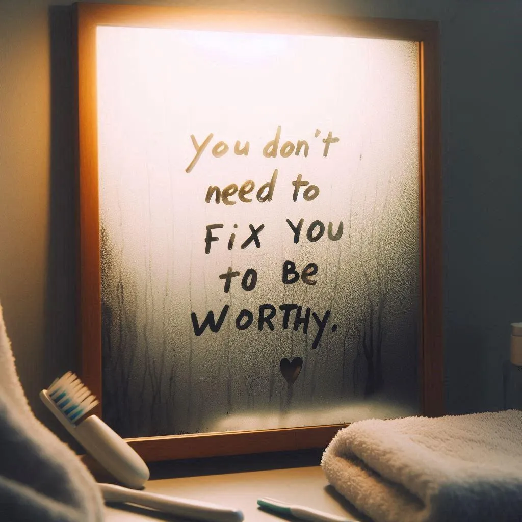 A foggy mirror with the words you don't have to fix you to be worthy