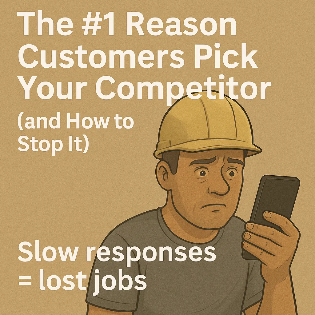 Concerned contractor looking at phone, highlighting slow response = lost jobs.