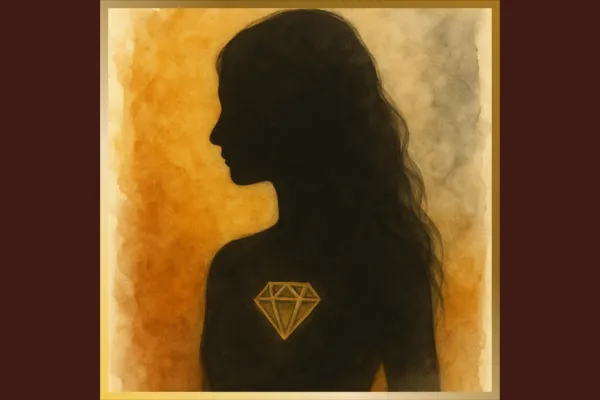 woman's silhouette in front of a textured background, a jewel at her heart depicting worth & wealth