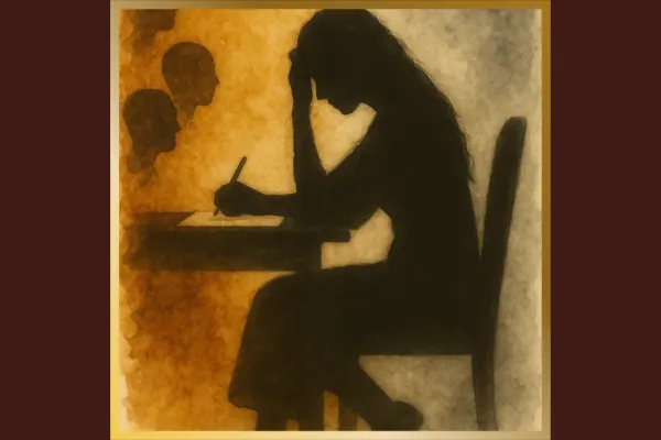 silhouette of woman sat at her desk working. Head down, oblivious to the people around her crying out for help.