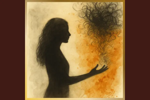 a silhouette of a woman holding out her hand with a messy black cloud rising from it depicting her creating chaos