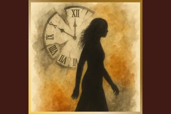 a womans silhouette in forward motion in front of a fragmented clock depicting the passing of time with no real movement