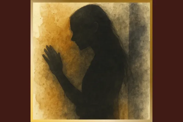 A shadowy silhouette of a woman up against the wall, blending in, hiding in the shadows, unseen, unheard, depicting the survival pattern of the wallflower