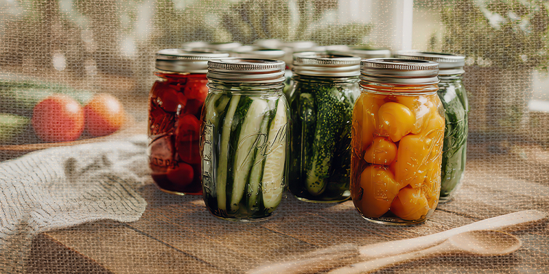 Jars on a kitchen counter full of canned goods