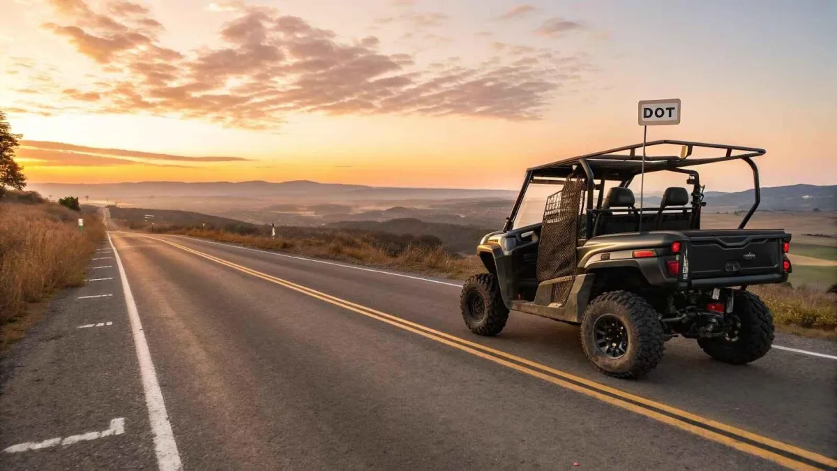 A UTV (Utility Task Vehicle) is parked on the side of a rural highway during sunset.