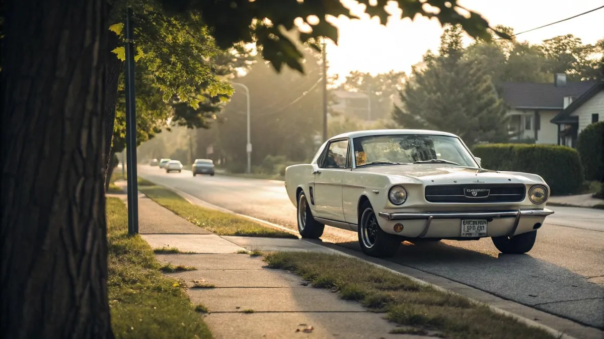 A white classic car 1960s Mustang cruises down a quiet suburban street at sunset.