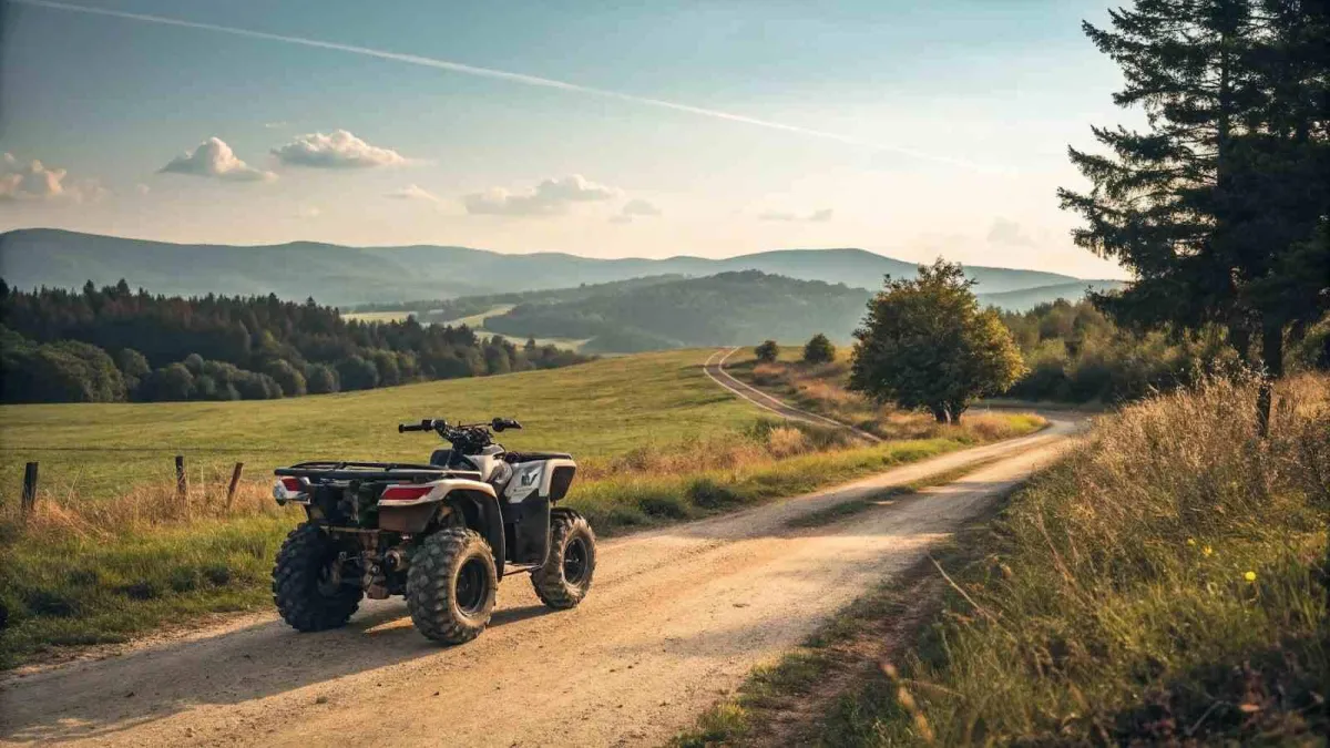 A black and white all-terrain vehicle (ATV) is parked on a dirt path in a scenic rural landscape.