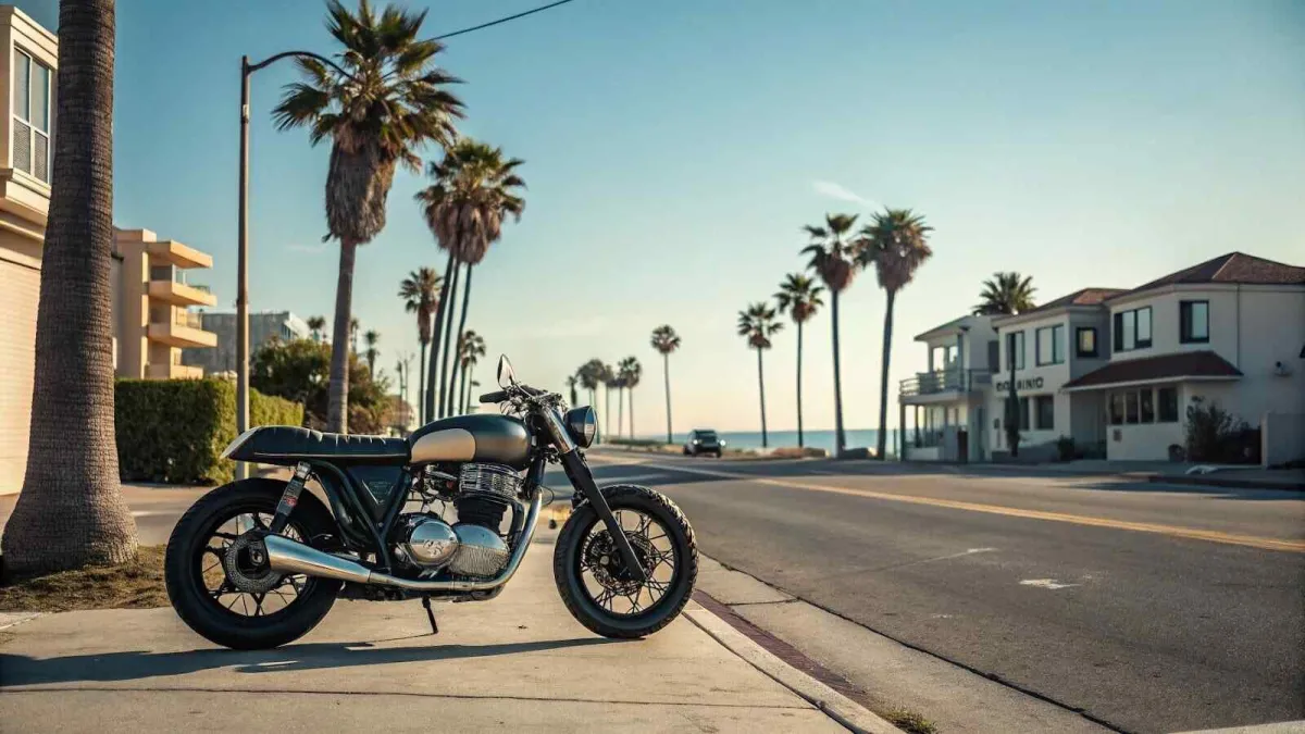 A motorcycle parked on a street lined with palm trees and buildings, with a clear sky in the background.