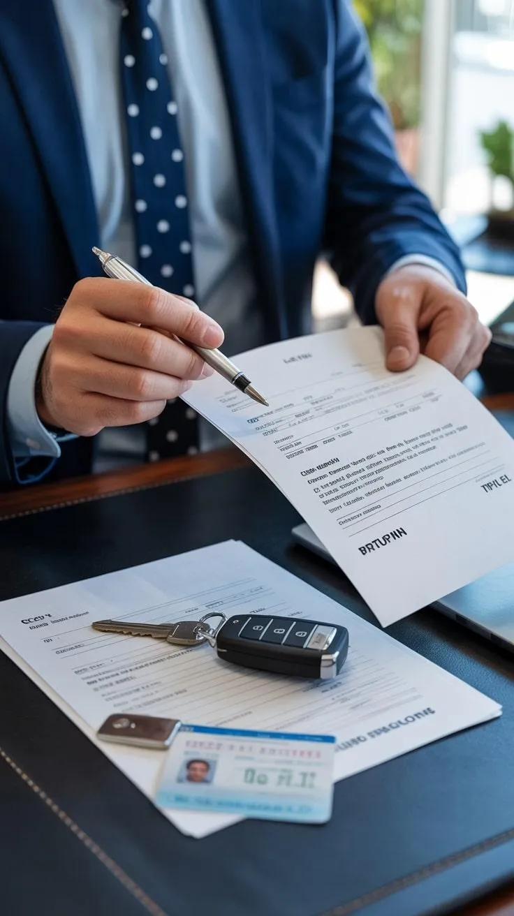 A person in a suit reviews a car title document at a desk, holding a pen and paperwork, with car keys placed nearby