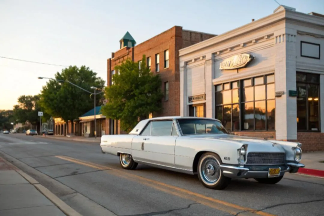 White vintage classic car parked on a quiet street near brick buildings at sunset — ideal for guides on how to register your classic car.