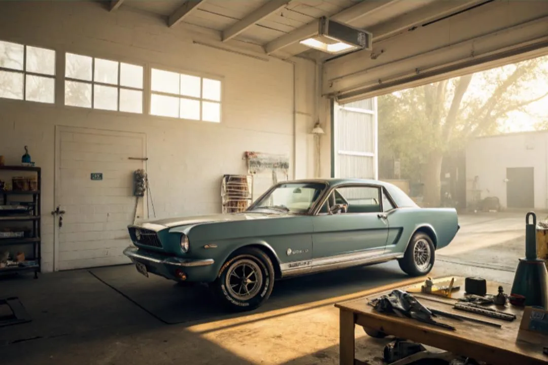 Vintage muscle car in a sunlit garage, representing the process of proving originality for classic car registration and valuation.