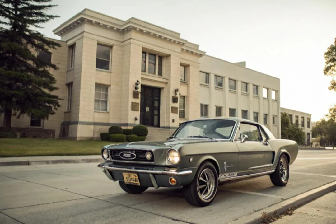 Restored vintage Mustang parked near a courthouse, representing how to legally register a classic car across all U.S. states.