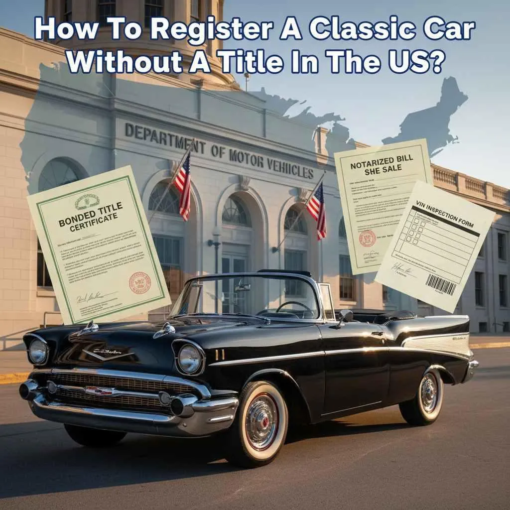 How to register a classic car without title - antique vehicle with DMV paperwork and registration documents.
