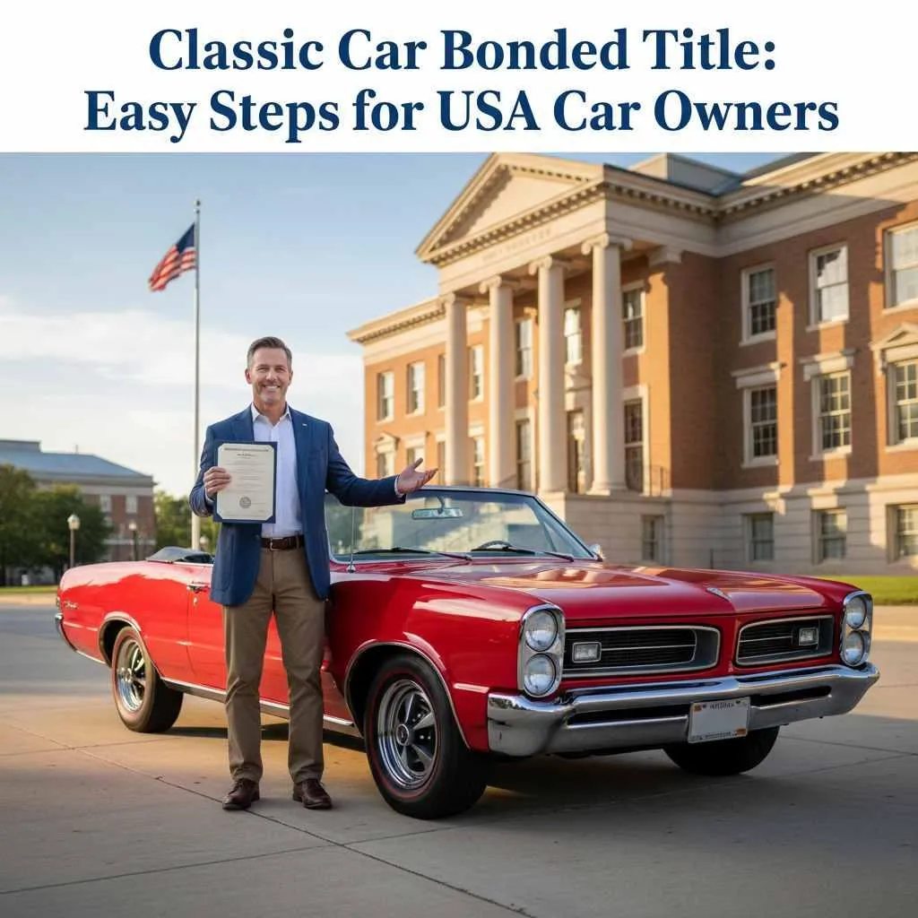 USA car owner holding bonded title certificate for red classic convertible in front of government building.