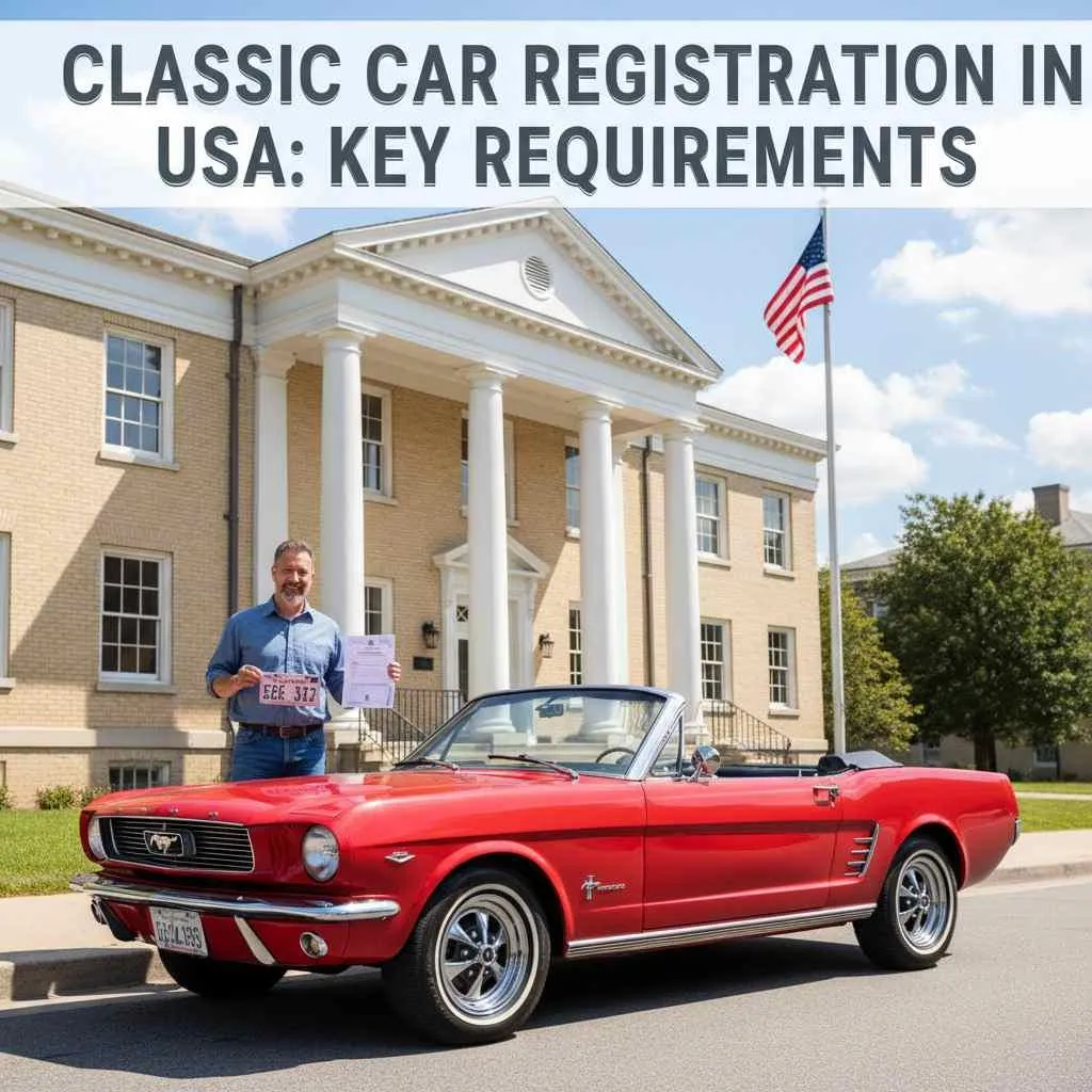 Key requirements for classic car registration - vintage red convertible and paperwork at USA courthouse.