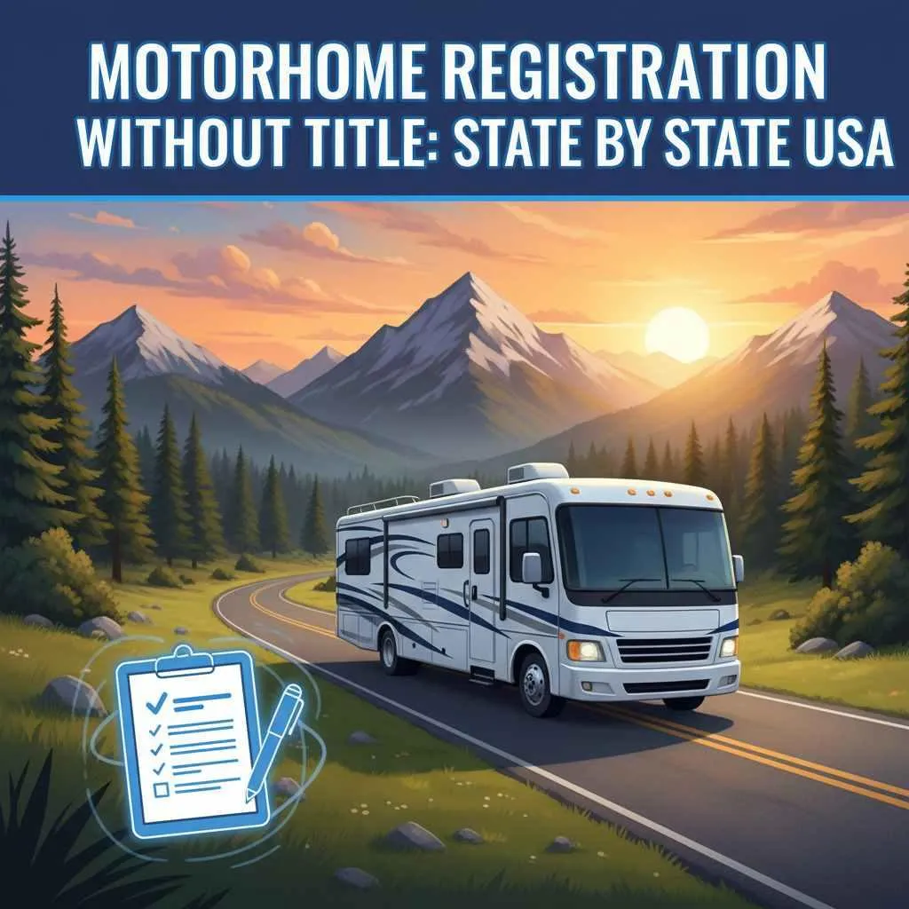 Motorhome registration without title state by state USA guide - RV on scenic mountain road with checklist.