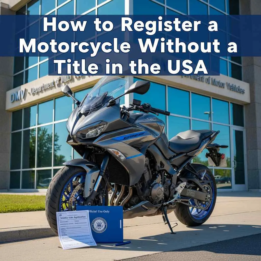 Registering motorcycle without title in USA - blue sport bike outside Department of Motor Vehicles office.