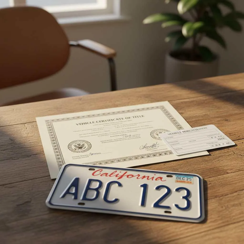 A close-up of a California vehicle certificate of title and license plate, illustrating the difference between titling, tagging, and registering.