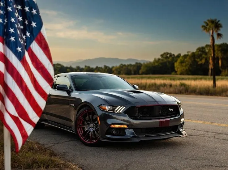 Gray sports car with American flag on Texas road — visual for article explaining how much car registration fees cost in Texas.