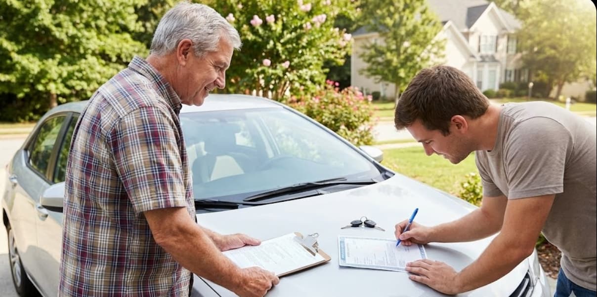 Two men signing a Georgia vehicle title on the hood of a car during a private driveway sale.