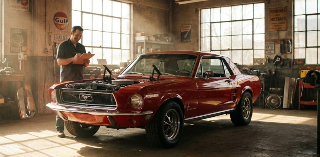 A classic car owner standing in a garage checking registration paperwork next to a restored vintage vehicle.