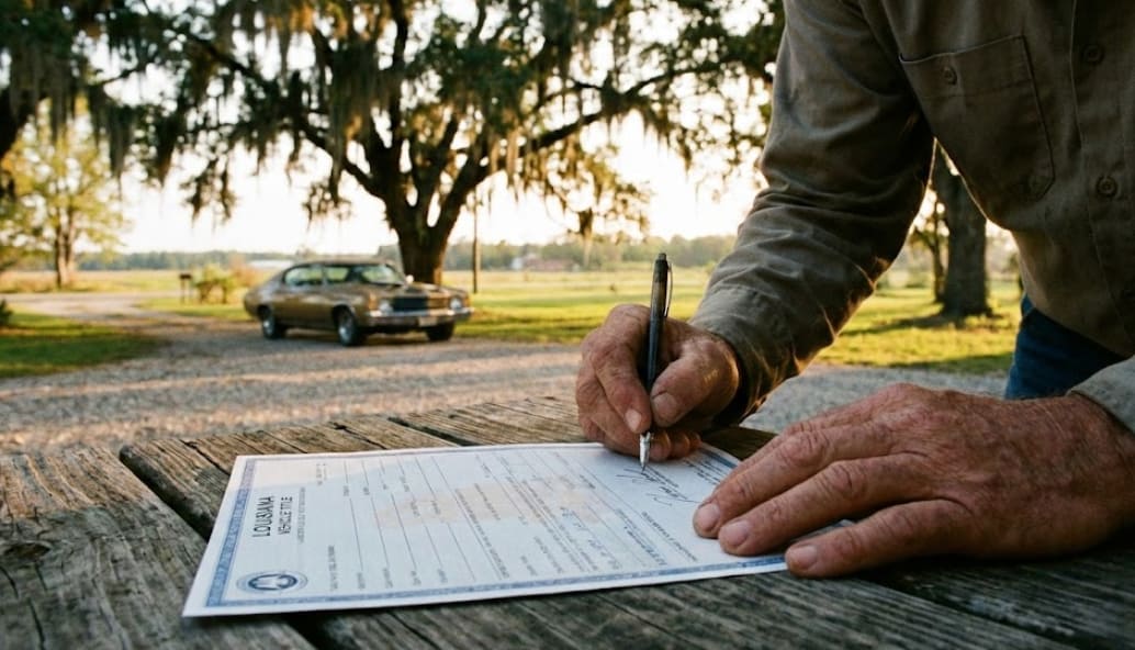 A man signing a vehicle title document on an outdoor wooden table with a car and Spanish moss in the background, illustrating how to transfer a car title in Louisiana.