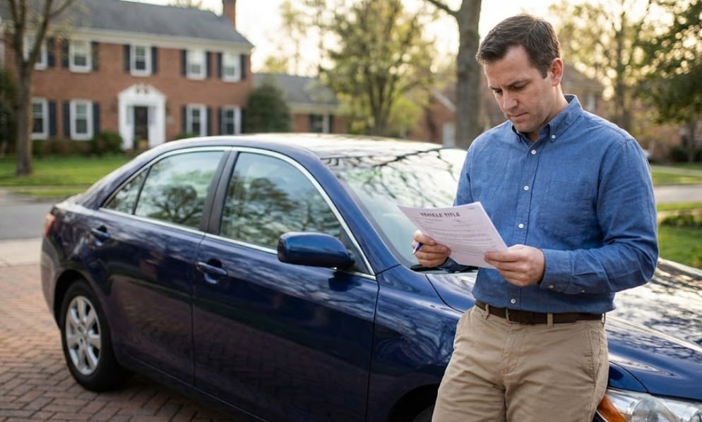 A man reviewing paperwork beside a car, illustrating the process of how to transfer a vehicle title in Maryland.