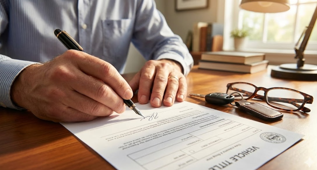 A person signing a vehicle title document on a desk with car keys, illustrating the process of how to transfer a vehicle title in Ohio.