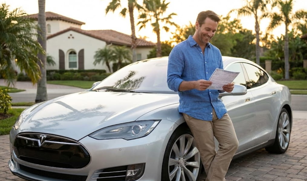A man holding a replacement vehicle title next to a car in a sunny driveway with palm trees, illustrating how to replace a lost vehicle title in California.