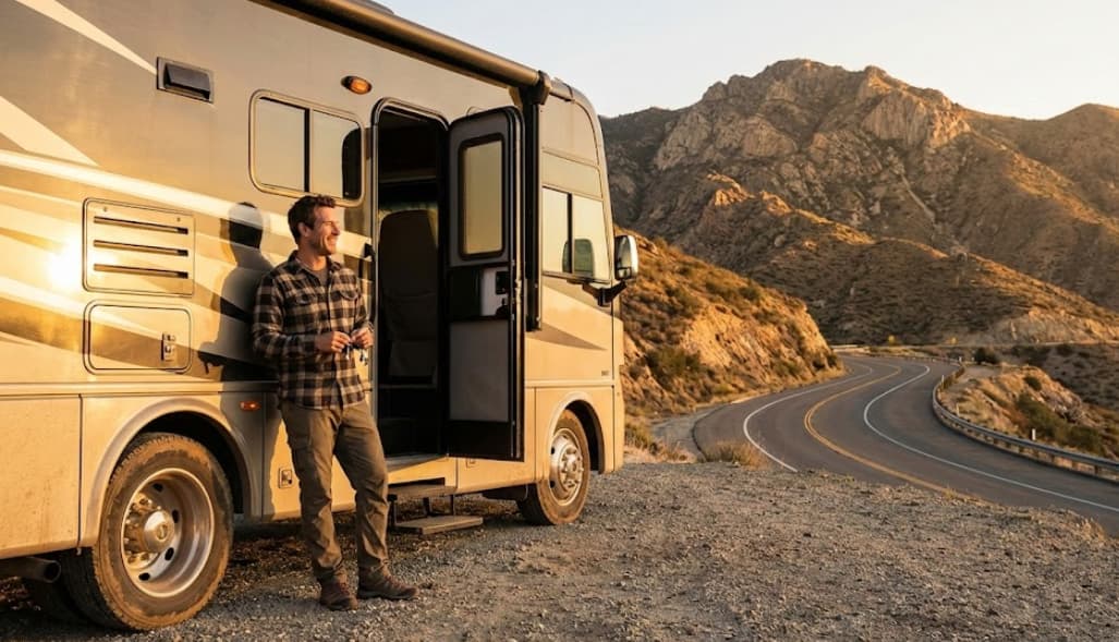 A motorhome owner stands next to his RV at a scenic mountain overlook at sunset, holding keys, symbolizing successful vehicle registration and the freedom of the open road in the USA.
