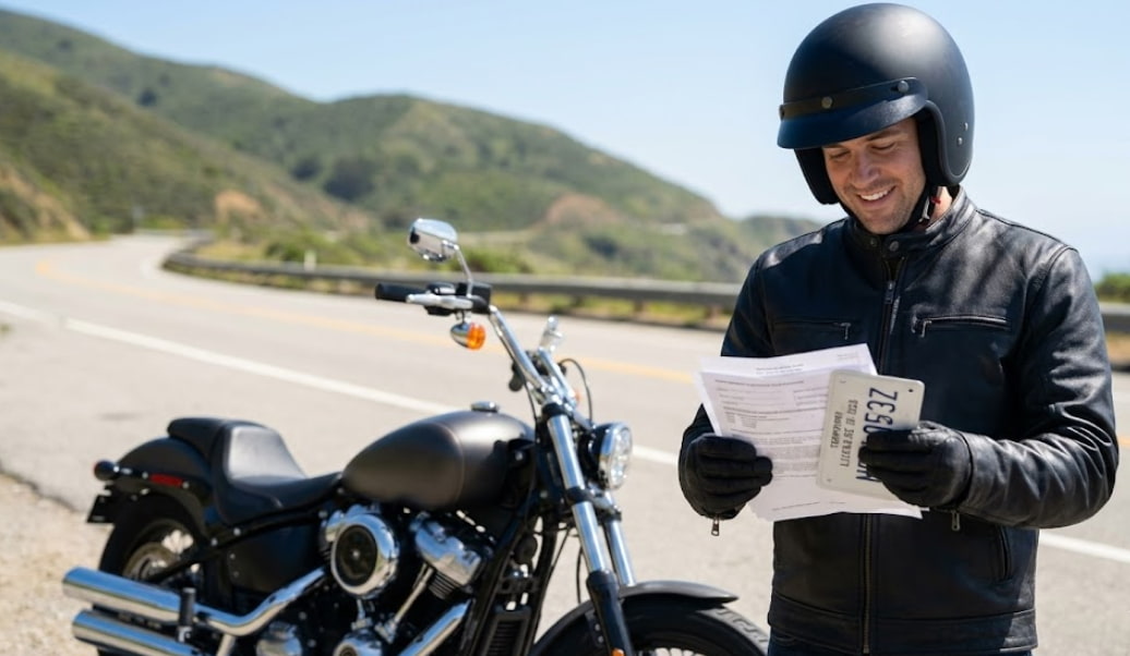 A male motorcyclist reviewing his registration documents next to his bike on an American highway, representing legal motorcycle registration in the USA.