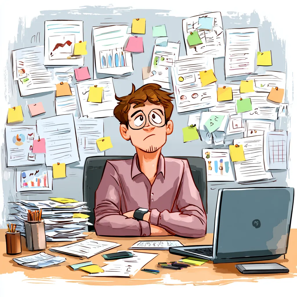 Small business owner sitting at a desk surrounded by scattered papers, sticky notes, and multiple open devices, looking stressed — contrasted with a clean, organized dashboard on a laptop screen labeled Business Master Suite.