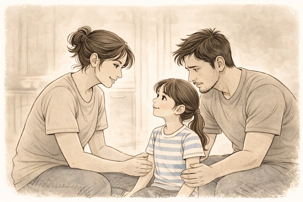An AI-generated drawing of parents staying emotionally present with their child during a stressful moment, offering connection without needing to be calm.