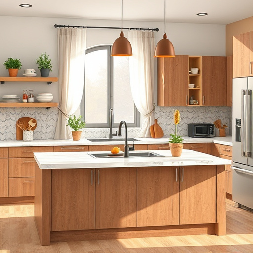 Alt text: A vibrant kitchen scene depicting "The Best Countertop Showrooms in Hunt, Texas." The image showcases a variety of countertops, including gleaming granite, quartz, and marble, elegantly set on polished wooden cabinets. Soft warm lighting highlights their textures and colors, creating an inviting and serene atmosphere. Whimsical elements such as a colorful retro blender and quirky aprons add playful charm, while an artistic splash of paint symbolizes creativity in home design. The cozy sunlit kitchen features lush potted herbs on the windowsill and vibrant aqua blue tiles with intricate mosaic patterns in the backsplash. Earthy tones balance the scene, complemented by a rich color palette of deep blues, warm earth tones, and cheerful yellows. Soft watercolor effects surround the space, enhancing the dreamy atmosphere and inspiring potential customers to envision their ideal kitchen.