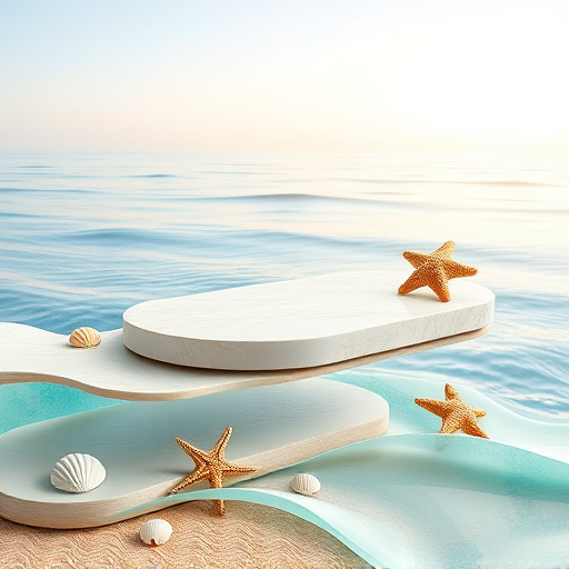 A blog cover image depicting "countertops design for coastal-inspired bathrooms." The image features an artistic arrangement of various countertop materials, including smooth sea glass, light coral stone, and textured driftwood, layered together creatively. Surrounding these countertops are soft, flowing waves illustrated in OpArt style, creating mesmerizing patterns that reflect the ocean's ebb and flow. The overall atmosphere is calming and inviting, evoking a sense of relaxation similar to a day at the beach. Quirky details, including whimsical seashells and starfish, are playfully integrated into the design, spiraling around the countertops as if washed ashore. The background showcases a soft gradient that recalls a sunrise over a tranquil sea, incorporating soothing blues, gentle teals, and warm sandy beiges harmoniously woven into the OpArt patterns that add depth and motion, emphasizing the serene and refreshing feel of a coastal retreat. This image invites readers to explore the beauty and creativity in coastal-inspired bathroom designs.