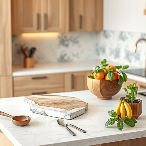 Alt Text: A vibrant Bauhaus-inspired snack bar countertop for home theaters, featuring a smooth surface with artistic bowls of colorful popcorn, candies, and gourmet snacks in clean geometric shapes. The playful scene includes a whimsical cinema backdrop with abstract shapes resembling film reels and popcorn kernels, complemented by soft lighting that casts quirky shadows. Surrounding the countertop are stylized minimalistic cinema chairs in bold colors, creating a cozy home theater atmosphere. A vintage film clapperboard leans against the countertop, alongside retro movie posters displayed in geometric frames. The color palette blends soft yellows and deep reds with modern blues and greens, evoking excitement and enjoyment of a movie night.